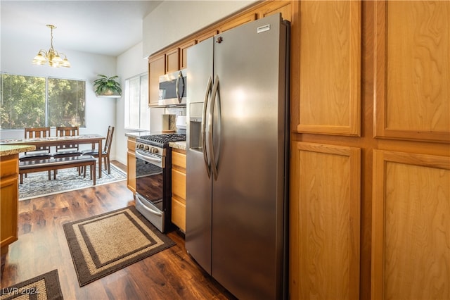 kitchen with appliances with stainless steel finishes, dark hardwood / wood-style floors, an inviting chandelier, and decorative light fixtures