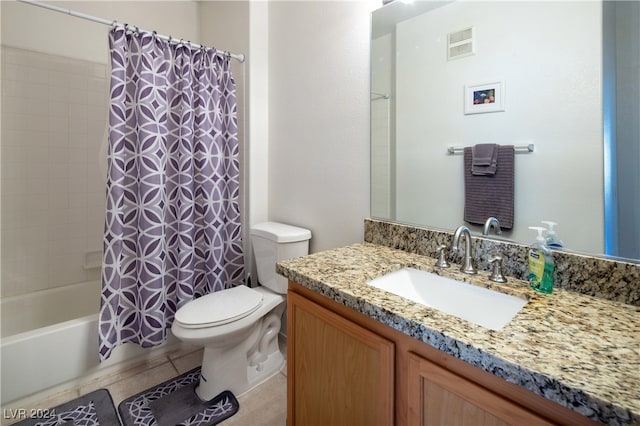 full bathroom with vanity, tile patterned floors, shower / bath combination with curtain, and toilet