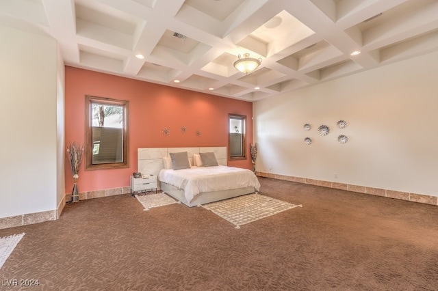 unfurnished bedroom featuring carpet flooring, beamed ceiling, and coffered ceiling