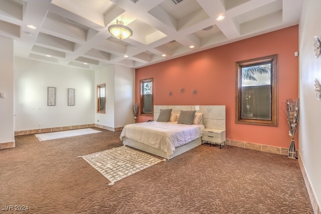 carpeted bedroom featuring beam ceiling and coffered ceiling