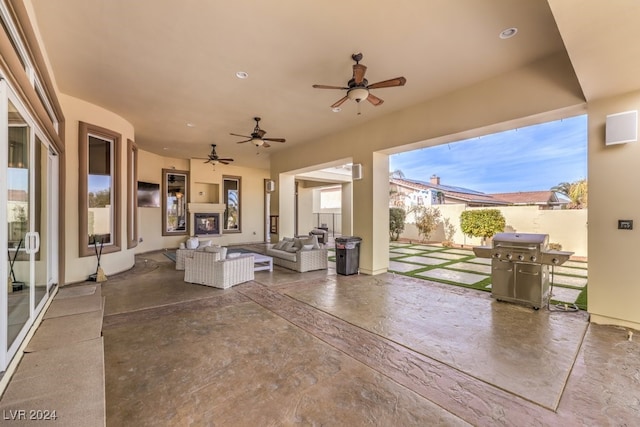 view of patio featuring an outdoor living space and a grill