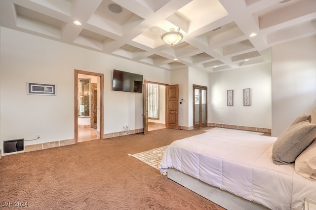 carpeted bedroom featuring beam ceiling, a towering ceiling, ensuite bathroom, and coffered ceiling