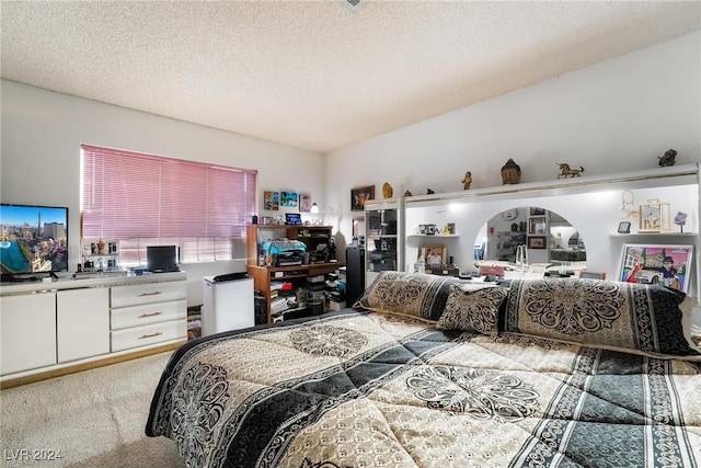 bedroom with a textured ceiling and carpet flooring