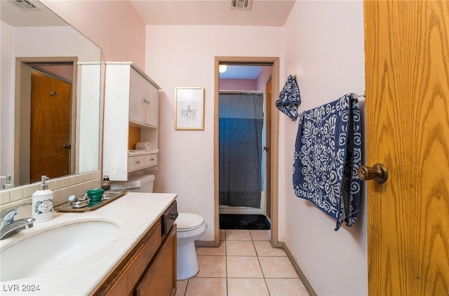 bathroom featuring tile patterned floors, walk in shower, vanity, and toilet