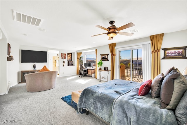 bedroom featuring access to outside, ceiling fan, and light colored carpet