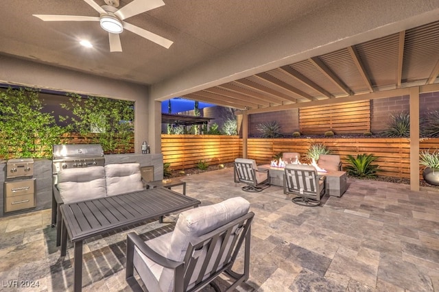 view of patio / terrace featuring grilling area, area for grilling, ceiling fan, and an outdoor hangout area