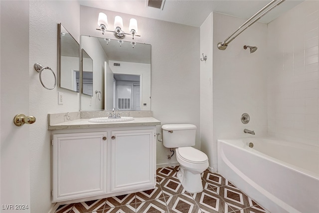 full bathroom with shower / bathing tub combination, tile patterned floors, vanity, and toilet