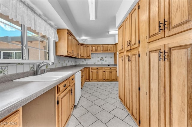 kitchen with decorative backsplash, sink, and white dishwasher