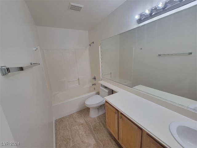 bathroom featuring shower / bathing tub combination, visible vents, toilet, and vanity