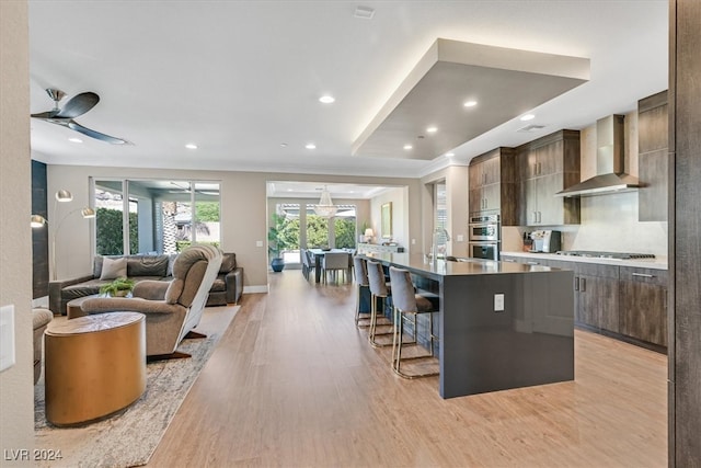 kitchen with appliances with stainless steel finishes, wall chimney exhaust hood, a kitchen island, light wood-type flooring, and ceiling fan