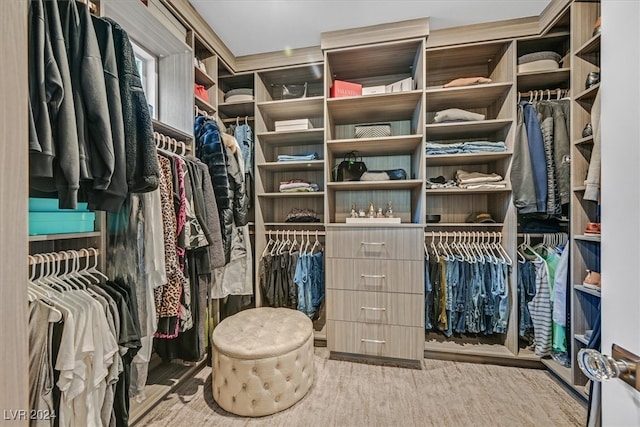 walk in closet with light hardwood / wood-style floors