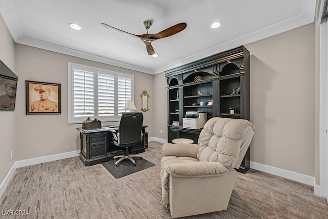 office with ceiling fan and crown molding