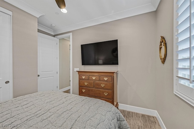 carpeted bedroom with ceiling fan and crown molding