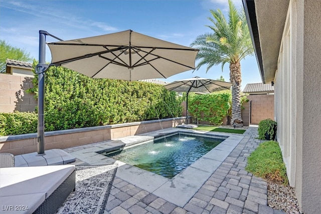 view of pool with a patio and pool water feature