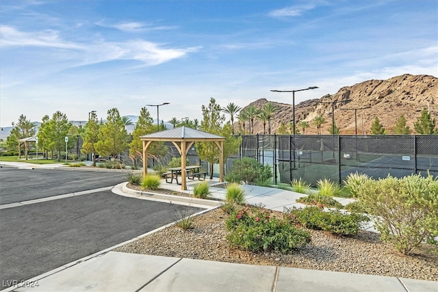 exterior space featuring a mountain view and a gazebo