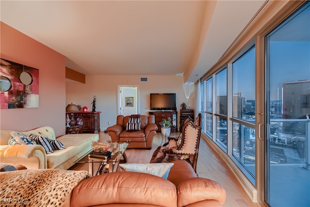 living room featuring light hardwood / wood-style floors and a wealth of natural light