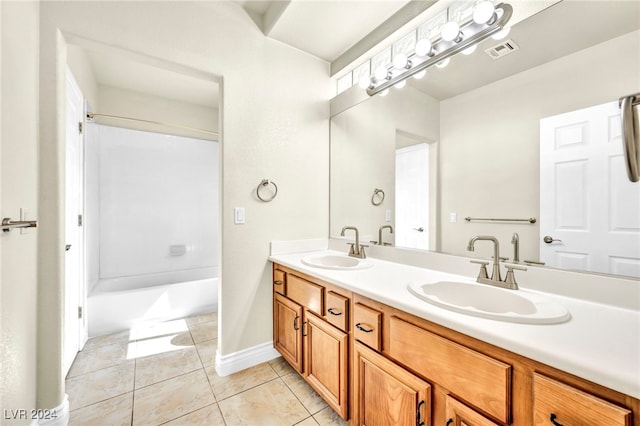 bathroom featuring vanity, tile patterned flooring, and shower / washtub combination