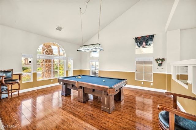 rec room featuring hardwood / wood-style flooring, high vaulted ceiling, and billiards