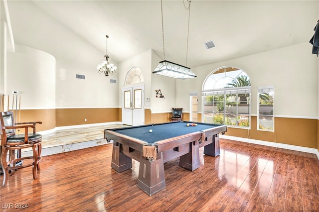 recreation room featuring pool table, dark wood-type flooring, high vaulted ceiling, and french doors