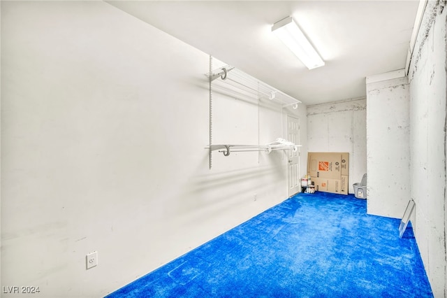 walk in closet featuring dark colored carpet