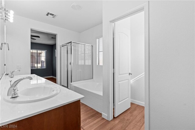 bathroom featuring wood-type flooring, independent shower and bath, and vanity