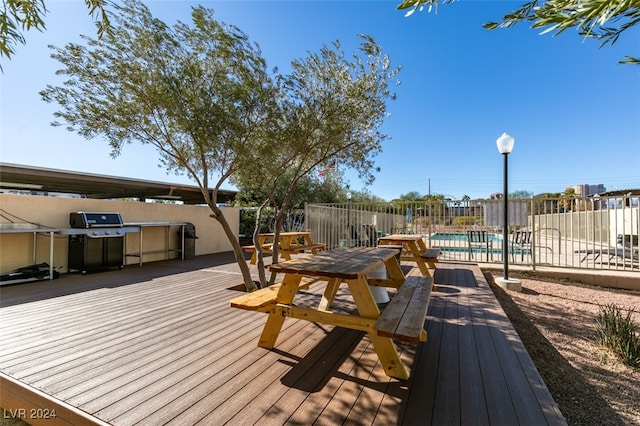 deck featuring a fenced in pool