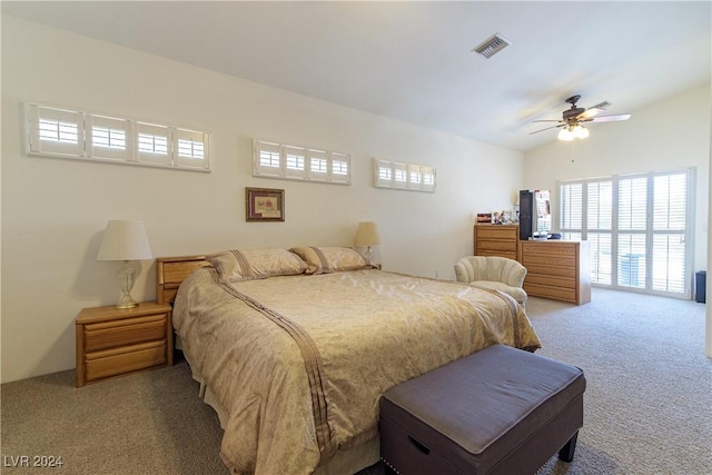 1214 Country Club Dr, Laughlin, NV 89029 - bedroom featuring carpet flooring, visible vents, ceiling fan, and vaulted ceiling