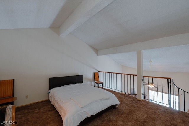 carpeted bedroom featuring lofted ceiling with beams, a textured ceiling, and a notable chandelier