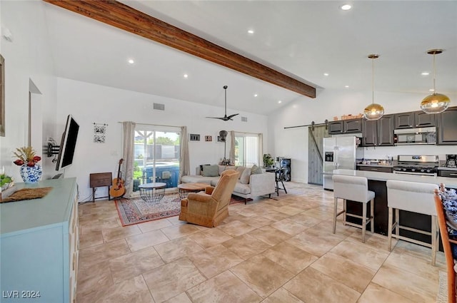 living room with a barn door, visible vents, beamed ceiling, high vaulted ceiling, and recessed lighting