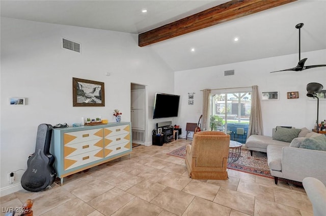 living room featuring high vaulted ceiling, ceiling fan, visible vents, and beam ceiling