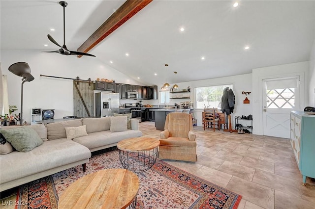 living area with a barn door, ceiling fan, high vaulted ceiling, beam ceiling, and recessed lighting