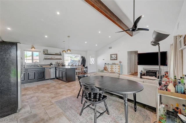 dining space featuring high vaulted ceiling, recessed lighting, beamed ceiling, and a ceiling fan