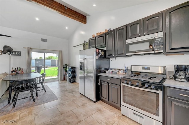 kitchen featuring vaulted ceiling with beams, recessed lighting, light countertops, visible vents, and appliances with stainless steel finishes