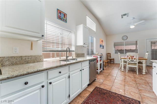 kitchen with white cabinetry, ceiling fan, plenty of natural light, and stainless steel dishwasher