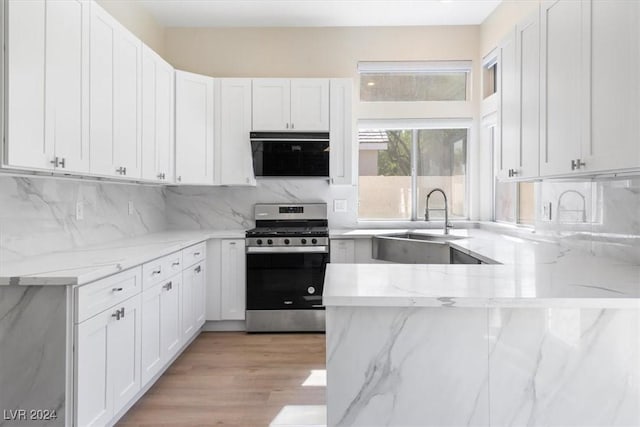 kitchen featuring white cabinets, gas range, light stone counters, a sink, and decorative backsplash