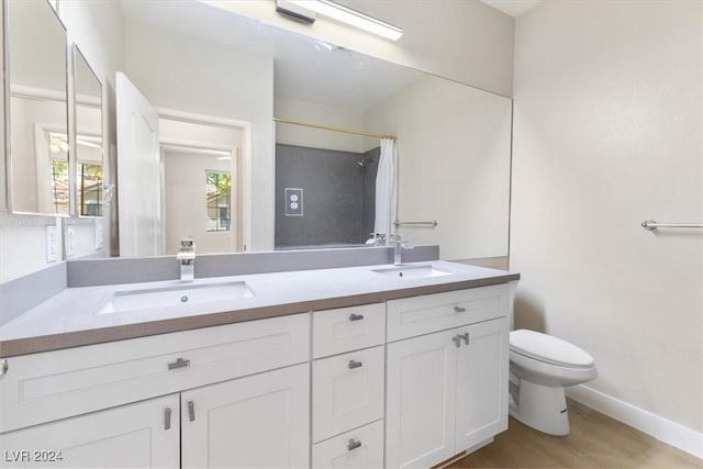 bathroom with a sink, toilet, and double vanity