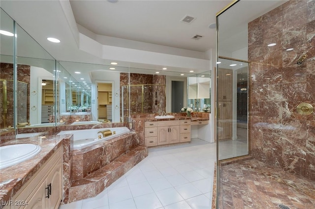 7421 Silver Palm Ave, Las Vegas, NV 89117 - full bath with a sink, a stall shower, a garden tub, visible vents, and two vanities