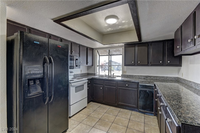 kitchen with dark brown cabinets, sink, black fridge with ice dispenser, light tile patterned floors, and white electric stove