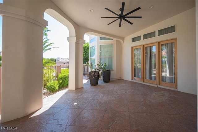 view of patio / terrace with french doors and ceiling fan