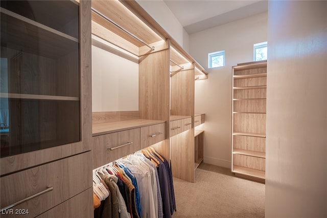 spacious closet featuring light colored carpet