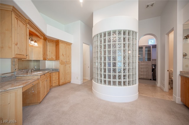 interior space with light brown cabinets, light colored carpet, sink, and light stone counters