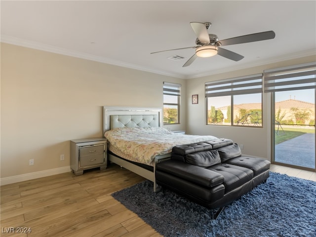 bedroom featuring access to outside, crown molding, ceiling fan, and light hardwood / wood-style floors