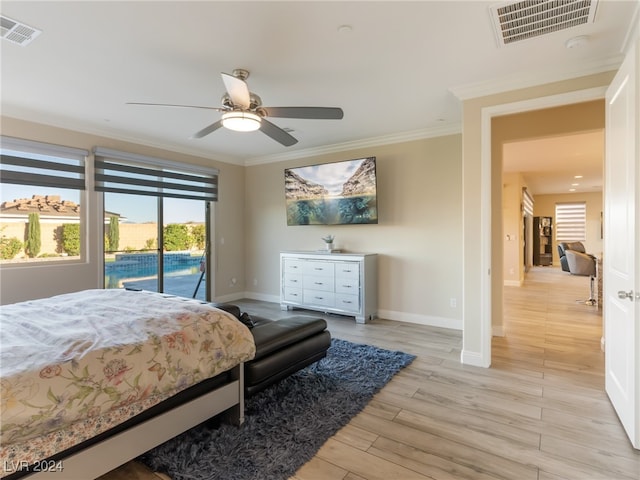 bedroom featuring access to outside, ceiling fan, crown molding, and light hardwood / wood-style floors