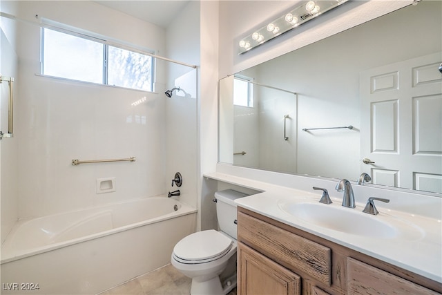 full bathroom featuring tile patterned floors, shower / tub combination, vanity, and toilet