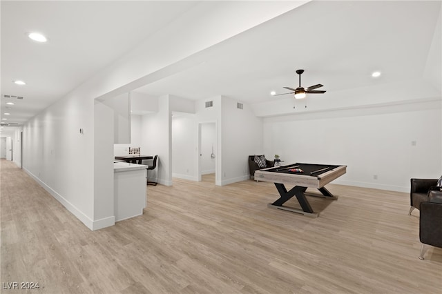 rec room with billiards, light hardwood / wood-style flooring, and ceiling fan