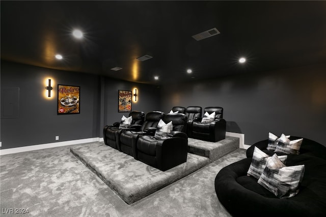 carpeted cinema room featuring electric panel