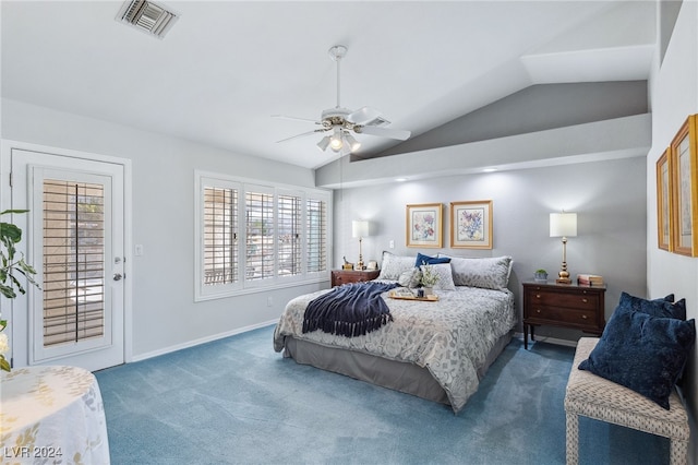 carpeted bedroom with lofted ceiling, ceiling fan, and access to exterior