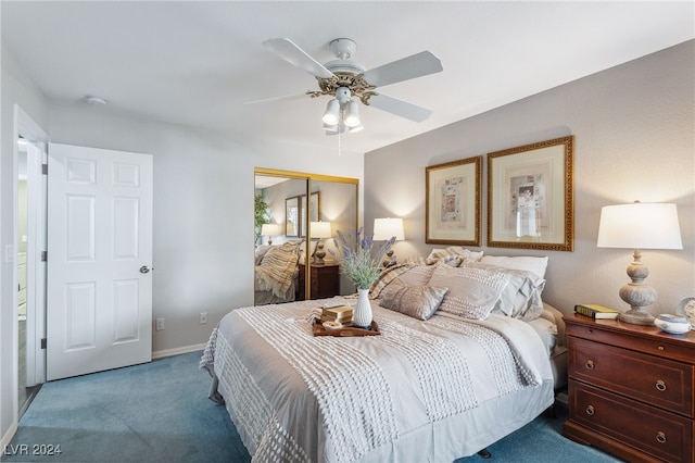 bedroom featuring a closet, carpet floors, and ceiling fan