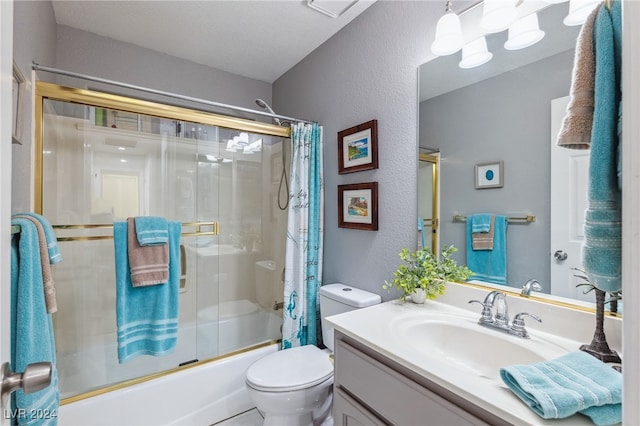 full bathroom with shower / tub combo, a textured ceiling, vanity, and toilet