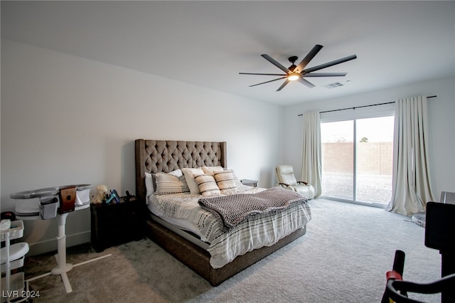 bedroom with carpet, ceiling fan, and access to outside